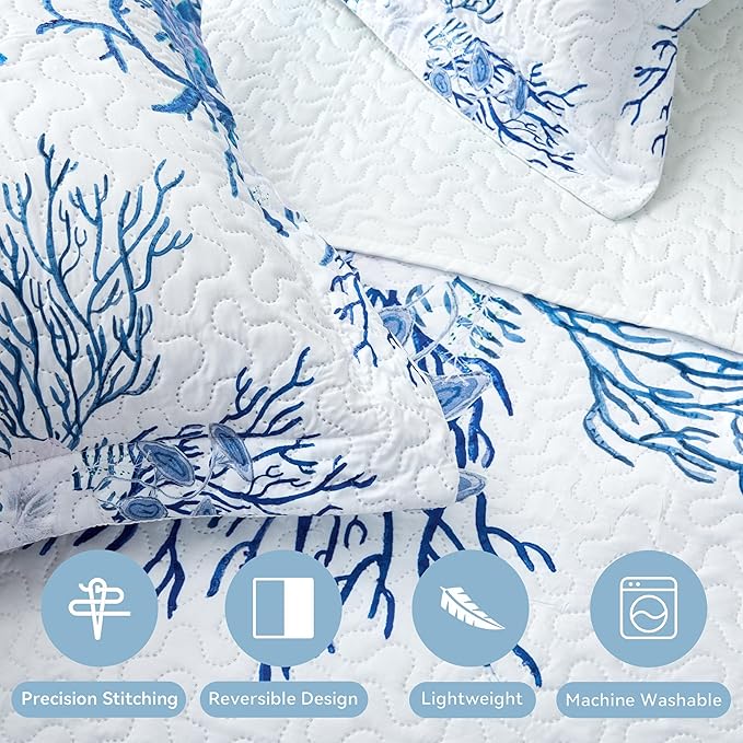 Coastal Bedding King Size Coastal Quilt with Sham, Nautical Beach Comforter Sets Ocean Bedspreads Blue Starfish Coverlet Summer Bedding, 68''x86''