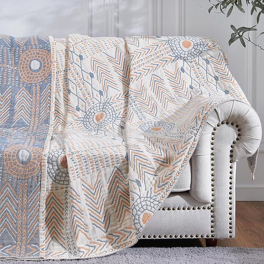 jinchan Boho 100% Cotton Muslin 50x60 Throw Blanket Lightweight 4-Layer Orange Multi Reversible Blanket Washable Breathable Decorative Geometric Striped Pattern Soft Comfy for Couch Bed All Seasons