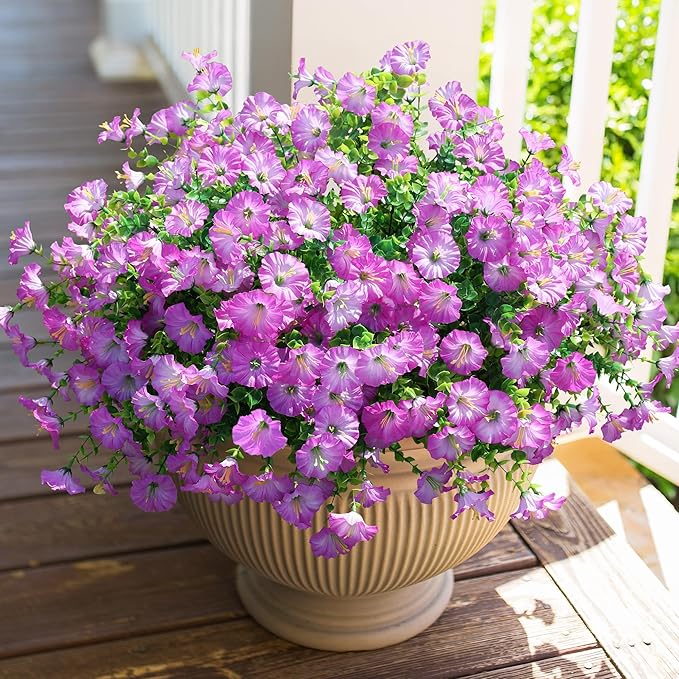 Artificial Flowers for Outdoors Fake Plants Outside Decoration, 12 Bundles Silk Purple Morning Glory UV Resistant Look Real Faux Flowers for Planter Front Door Porch Patio Yard Gardens Home