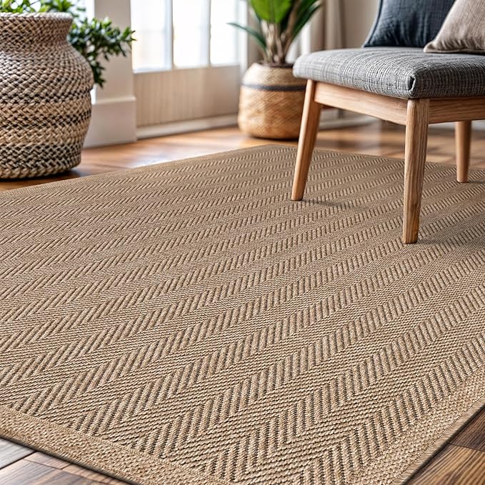CAMILSON Easy Jute Rug 10x14, Indoor Outdoor Natural Color Fiber Area Rugs for Living Room Patio and Kitchen Rug Herringbone Woven Design Easy-Cleaning Washable Outside Carpet Alfombras 10 x 14