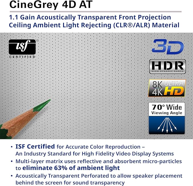 Elite Screens 110-Inch Motorized Projector Screen 16:9, CineGrey 4D at CLR/ALR, Acoustically Transparent, ISF Certified, Tab-Tensioned Electric Drop Down for Home Theater, STT110XHD4AT-E12