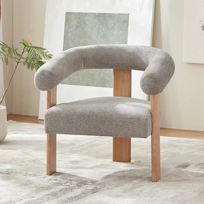 VKNOW Accent Chair Living Room Chair Set of 2, Modern Upholstered Armchair with Solid Wood Legs, Comfy Barrel Arm Chairs for Living Room Bedroom, Light Grey