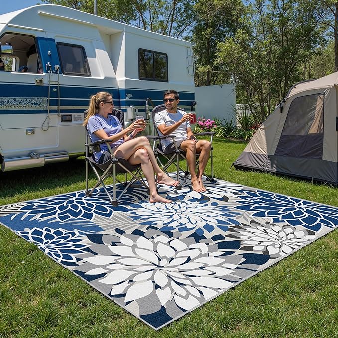 Indoor Outdoor Area Rug Washable Multicolored Patio Rug Tropical Botanical Modern Floral Indoor Outdoor Carpet Blue White Rug Non Slip for Patio, Deck, Backyard, Porch (5x8)