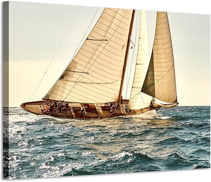 ARTISTIC PATH Nautical Sailboat Canvas Wall Art - Coastal Ocean Artwork Seascape Sailing Prints Wave Boat Picture Sunset Marine Ship Painting for Bedroom