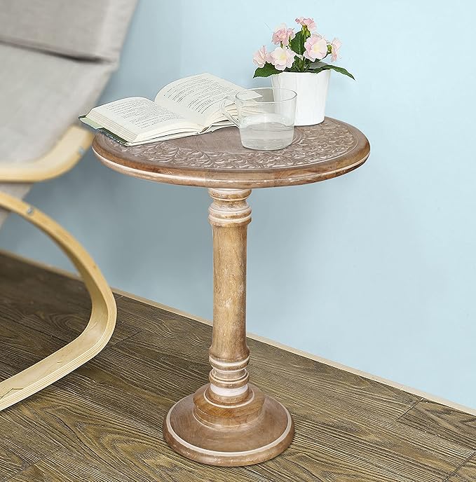Lightnpro Carved Round End Table with Single Pillar - Handcrafted Accent Bedside Nightstand Side End Table for Living Room, Entryway, Vintage Desk for Books, Plants & Décor - 18x22 Inch - White Wash