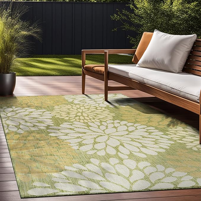 Beverly Rug Outdoor Rug 9x12 Modern Exotic Tropical Leaf Area Rugs for Indoor and Outdoor Patio Deck Porch Garden Water Resistant Washable Outside Carpet (9 x 12 Green)