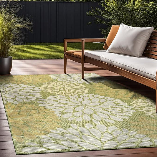 Beverly Rug Outdoor Rug 9x12 Modern Exotic Tropical Leaf Area Rugs for Indoor and Outdoor Patio Deck Porch Garden Water Resistant Washable Outside Carpet (9 x 12 Green)