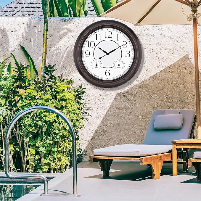 Outdoor Clocks Waterproof 18 Inch, Large Wall Clock with Thermometer & Hygrometer, Illuminated Battery Operated Clock with Smart Sensor for Patio, Pool, Garden, Porch, Living Room