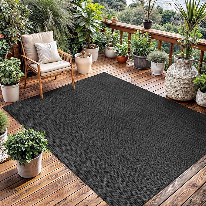 Washable Indoor Outdoor Rug 9x12 Weather Resistant Area Rugs Modern Solid for Porch Deck Balcony Backyard Patio Outside Carpet (9 X 12 Dark Grey)