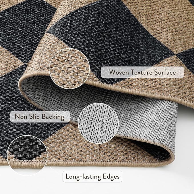 Lahome Checkered Easy Jute Area Rug 8x10, Large Living Room Patio Rug Checkerboard Indoor Outdoor Carpet, Farmhouse Geometric Non Slip Black Carpet for Backyard Dining Room