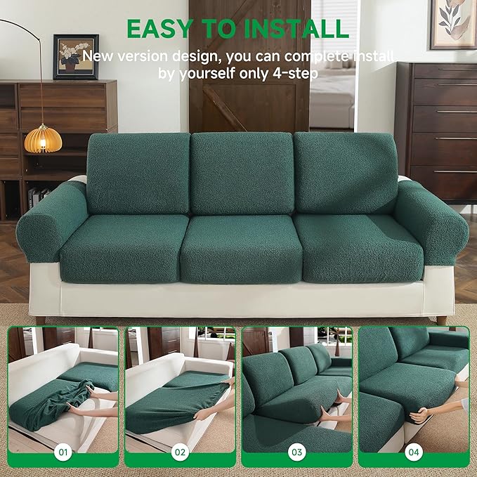 Couch Cushion Covers for Sectional Sofa, Stretch Soft Sofa Slipcovers Washable Wear-Resistant Universal Furniture Protector for Living Room(2 Seaters Covers+1 Chaise Cover, Green)