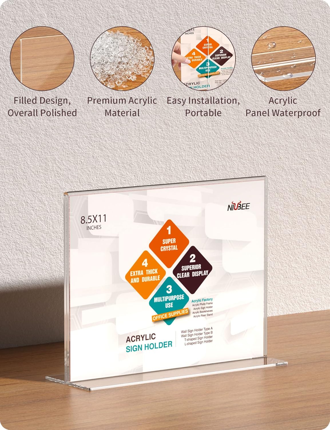 NIUBEE Acrylic Sign Holder 8.5x11 Inches 6 Pack Horizontal, T Shape Double Sided Clear Frames, Plastic Paper Flyer Display Holder, Document Menu Table Stand for Office, Store -Landscape