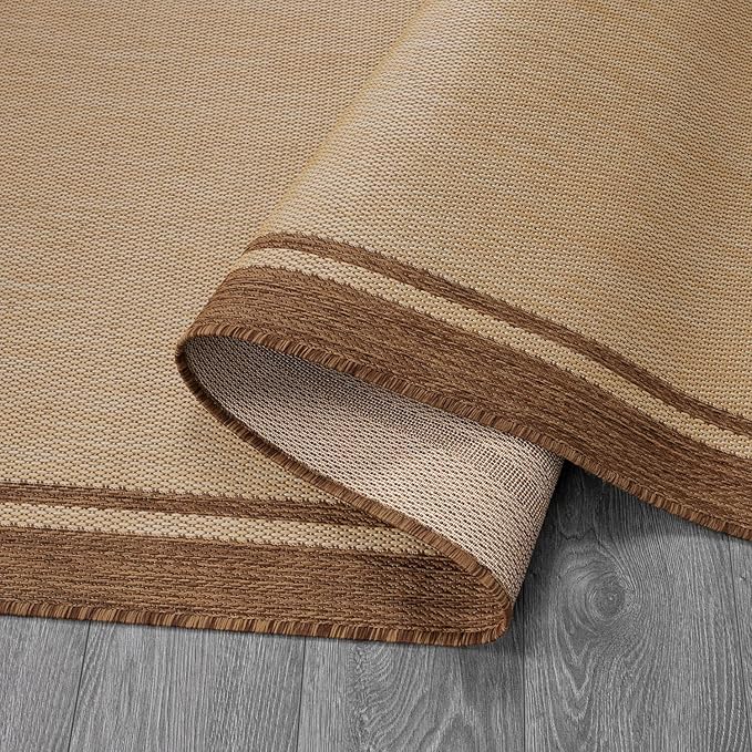 CAMILSON Outdoor Rug 6x9 Bordered Natural Brown Modern Area Rugs for Indoor and Outdoor Patios, Kitchen and Hallway Mats, Washable Porch Deck Outside Carpet (Border Jute, 6 x 9)