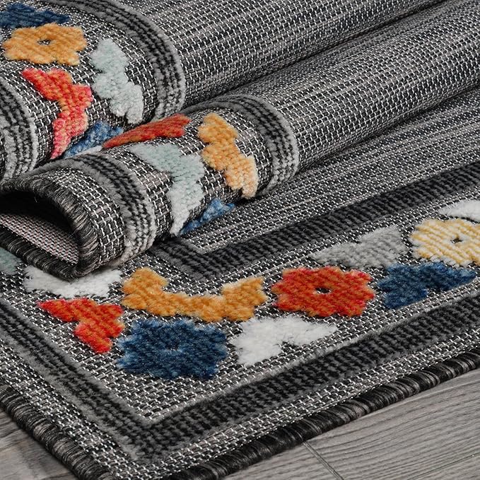 Beverly Rug Outdoor Rug 5x7 Modern Bordered Area Rugs for Indoor and Outdoor Patio Easy to Clean Non Shedding Living Room Porch Garden Washable Outside Carpet (5 x 7 Dark Gray)