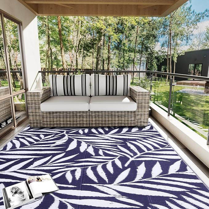 OLANLY Waterproof Outdoor Rug 9x12 ft, Reversible Outdoor Plastic Straw Rug with Leaf Pattern, RV Mat, Indoor Outdoor Carpet for Patio, Camping, Balcony, Deck, Backyard, Navy & White