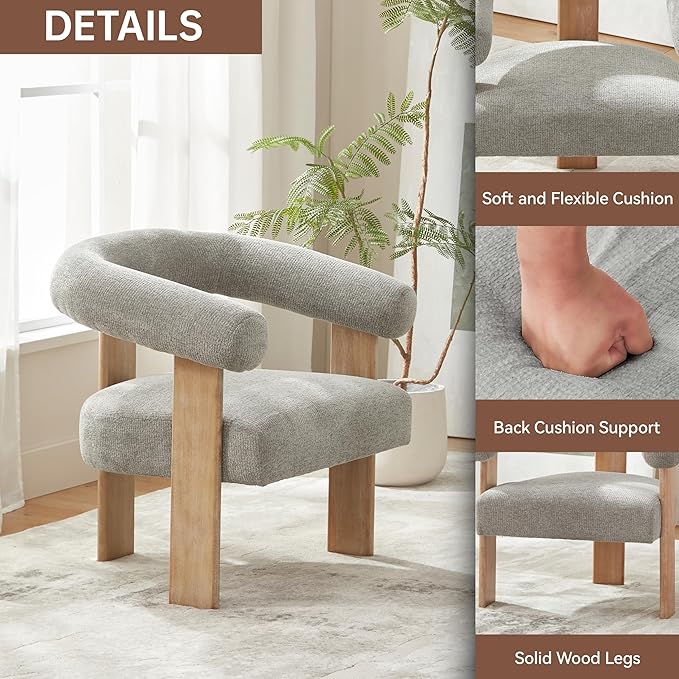 VKNOW Accent Chair Living Room Chair, Modern Upholstered Armchair with Solid Wood Legs, Comfy Barrel Arm Chairs for Living Room Bedroom, Light Grey