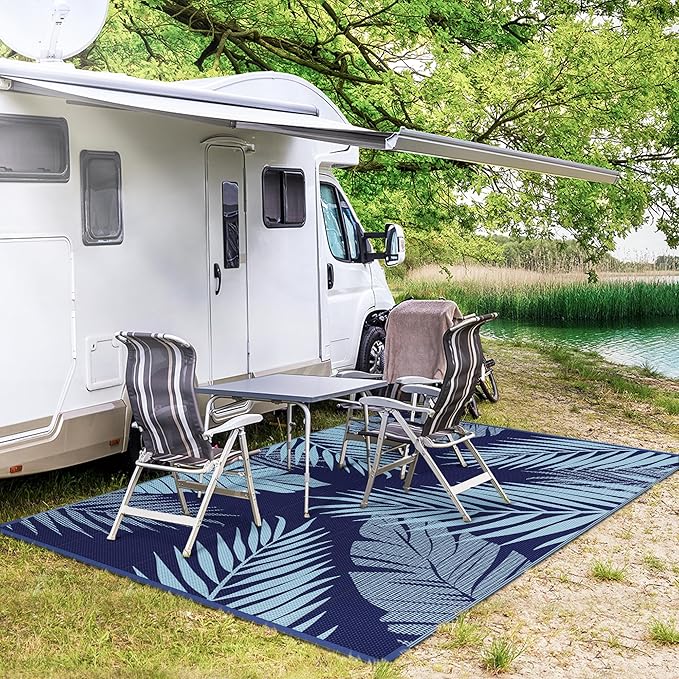 GENIMO Outdoor Rug 8' x 10' Waterproof for Patios Clearance, Reversible Outdoor Plastic Straw Camping Rug Carpet, Large Area Rugs Mats for RV, Camper, Deck, Balcony, Porch, Beach, Navy Blue&Baby Blue