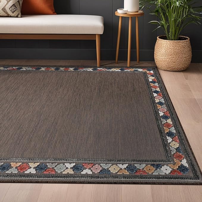 Beverly Rug Outdoor Rug 5x7 Modern Bordered Area Rugs for Indoor and Outdoor Patio Easy to Clean Non Shedding Living Room Porch Garden Washable Outside Carpet (5 x 7 Brown)