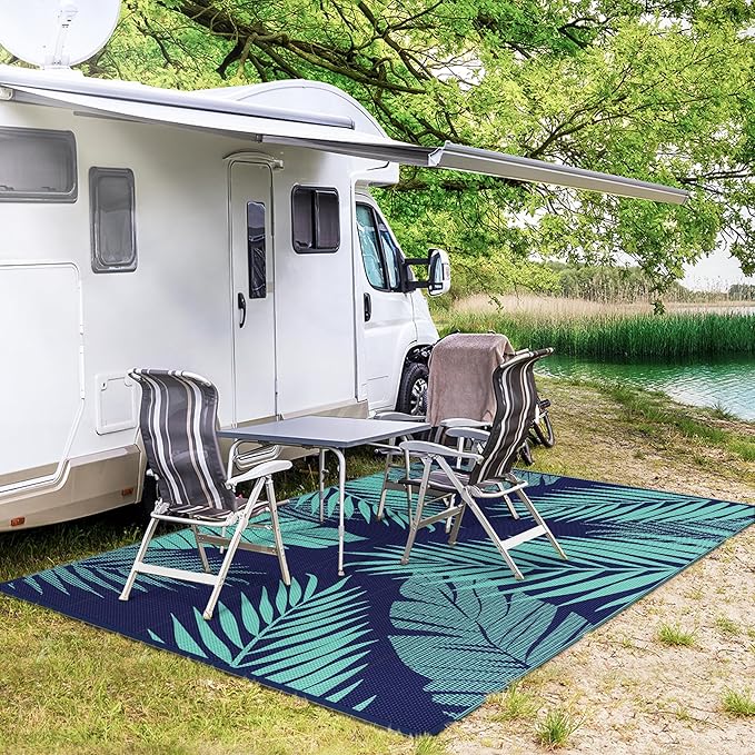 GENIMO Outdoor Rug 5' x 8' Waterproof for Patios Clearance, Reversible Outdoor Plastic Straw Camping Rug Carpet, Large Area Rugs Mats for RV, Camper, Deck, Balcony, Porch, Beach, Navy Blue&Jade Green