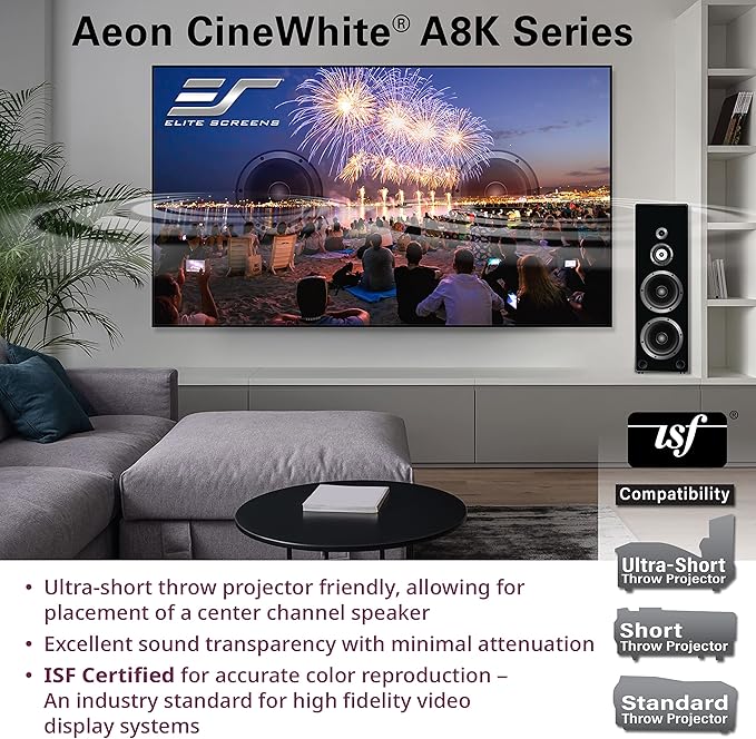 Elite Screens Aeon CineWhite A8K, 123" Diag, 16:9 Aspect Ratio, ISF Certified 8K Ultra HD Home Theater Fixed Frame Edge Free Projection Sound Transparent Perforated Weaved Screen, AR123H-A8K