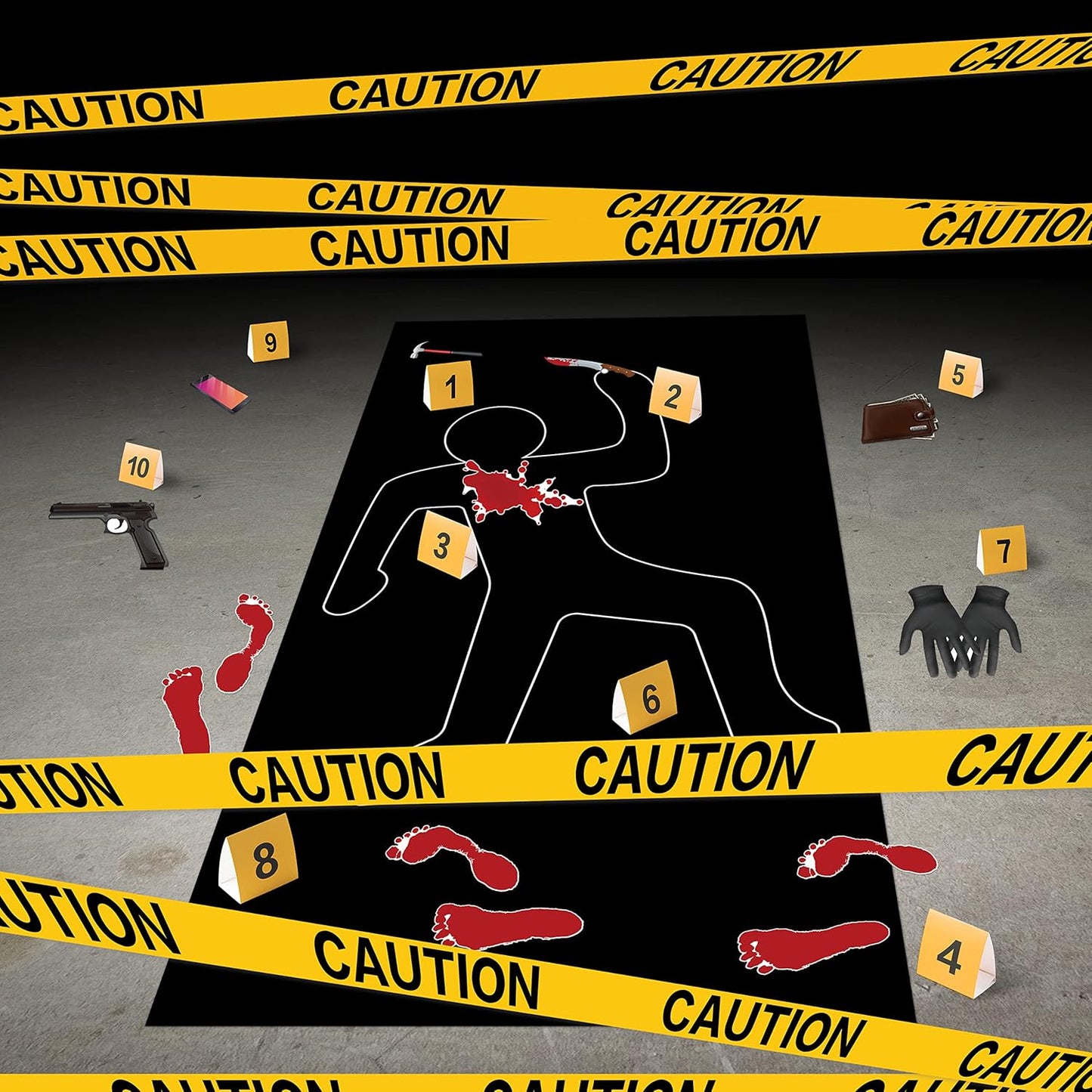 Ticiaga 50pcs Crime Scene Decors Kits, Body Silhouette Crime Scene Tape Evidence Markers and Bloody Sticker and Photo-Booth Props with Height Chart Backdrop Poster, Home for Crime Scene Party Decors