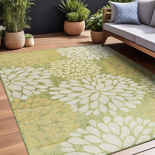 Beverly Rug Outdoor Rug 8x10 Modern Exotic Tropical Leaf Area Rugs for Indoor and Outdoor Patio Deck Porch Garden Water Resistant Washable Outside Carpet (8 x 10 Green)