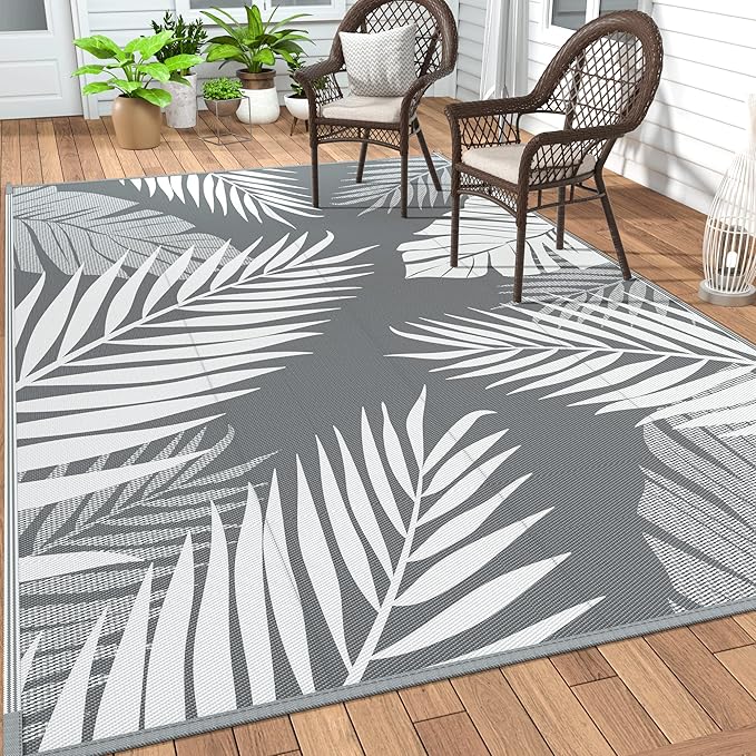 GENIMO Outdoor Rug 4' x 6' Waterproof for Patios Clearance, Reversible Outdoor Plastic Straw Camping Rug Carpet, Large Area Rugs Mats for RV, Camper, Deck, Balcony, Porch, Beach, Picnic, Grey&White