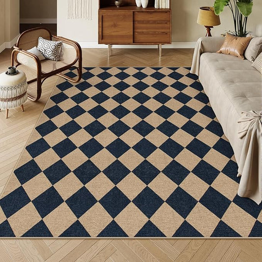 Lahome Checkered Easy Jute Outdoor Rug, Large 6x9 Rug for Living Room Checkerboard Indoor Outdoor Carpet, Farmhouse Patio Office Mat Geometric Non Slip Black Carpet for Backyard Dining Room