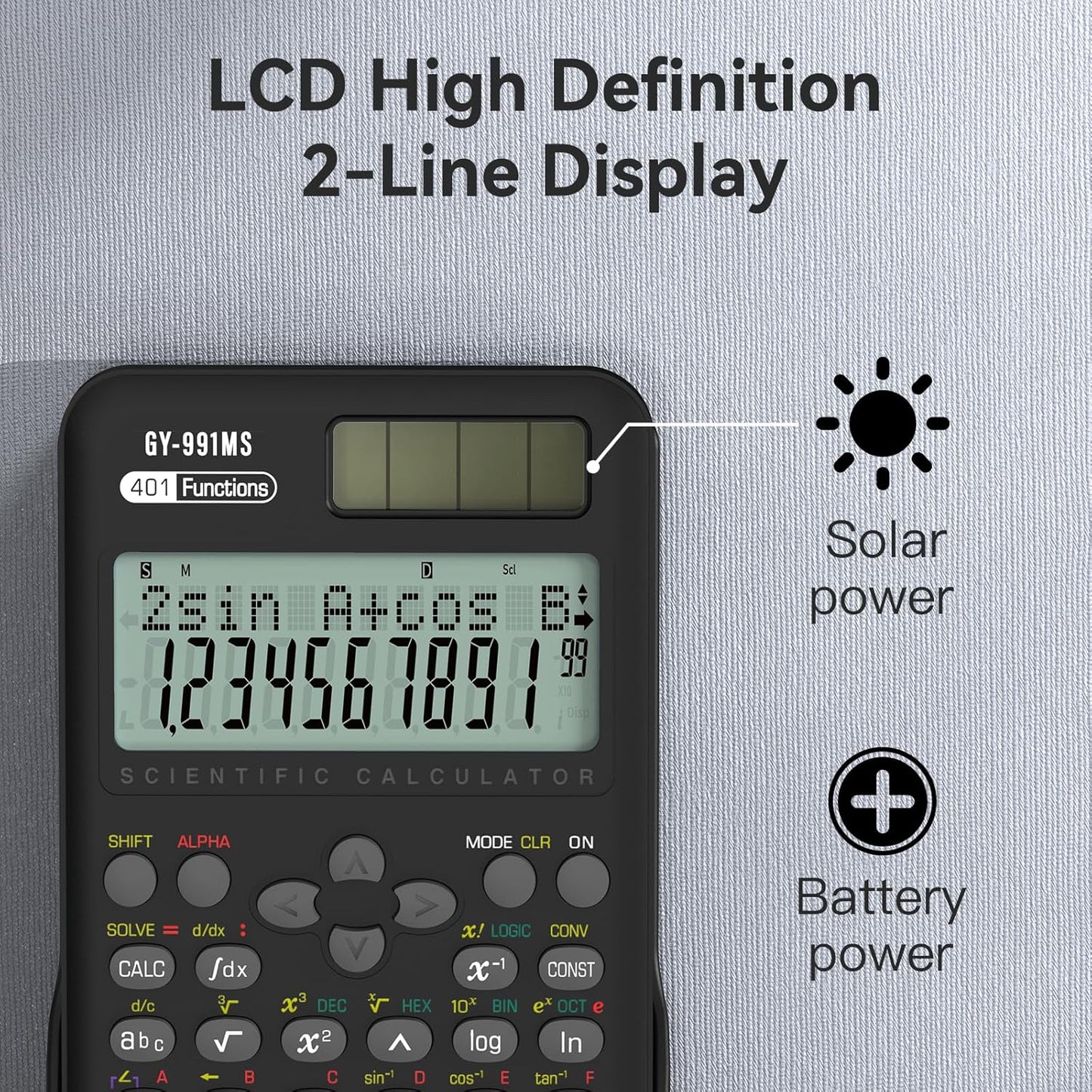 Scientific Calculator School Supplies, ROATEE 991MS 401 Functions 2-Line Display Desktop Calculator with Sliding Cover, Solar Battery Dual Power Kawaii for Middle High School Student and Teacher Black