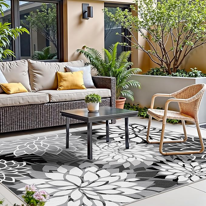 Indoor Outdoor Area Rug Washable Multicolored Rug Tropical Botanical Modern Floral Indoor Outdoor Carpet Black White Rug Non Slip Non Shedding for Patio, Deck, Backyard, Porch (5x8)