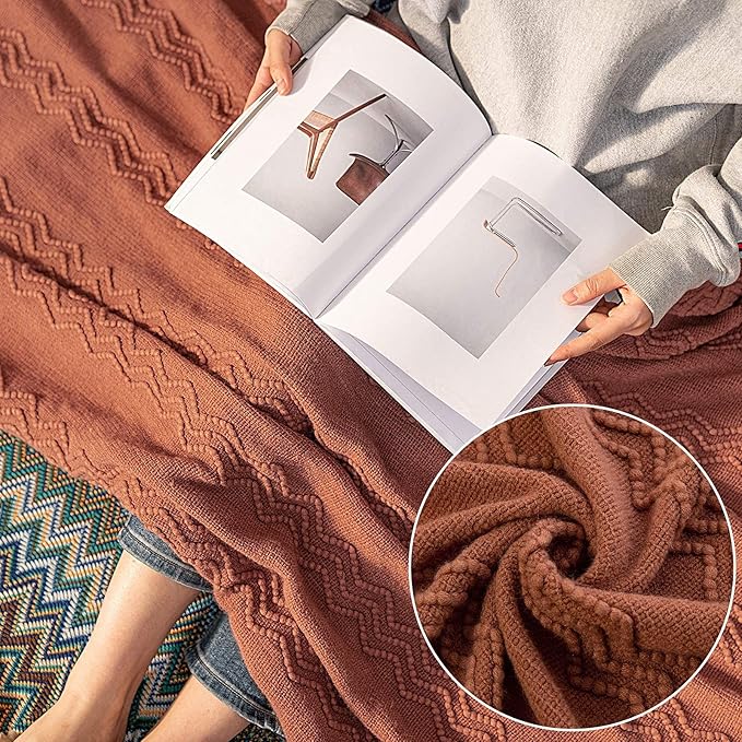 MIULEE Knitted Boho Throw Blanket for Couch Textured Knit Terracotta Rust Blanket with Tassels Cozy Woven Farmhouse Blanket for Sofa Bed Chair Wave Pattern Fall Decor 50"x60", Orange