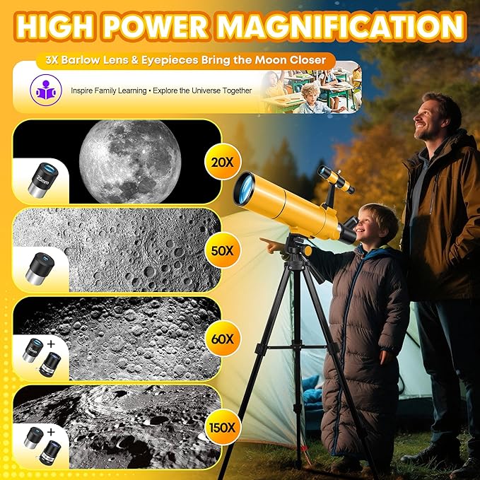 Telescope for Adults & Kids, 80mm Aperture 500mm Portable Refractor Telescope for Astronomy Beginners, Professional Travel Astronomical Telescopes with Tripod, Stickers, Phone Adapter, Backpack