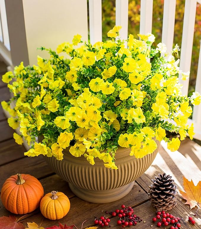 Artificial Mums for Outdoors Fake Fall Flowers Plants for Autumn Decoration, 12 Bundles Silk Morning Glory with Eucalyptus Look Real UV Resistant Yellow Faux Mums for Outside Planters Front Door Yard