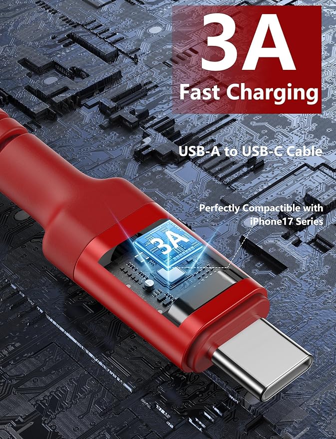 USB C Cable 10FT, 2Pack USB A to USB C Charger Cable, Type C Cable 3A Fast Charging Upgraded Extra Durable Braided USBC Cord Compatible with iPhone 17/16 15 Pro Max/Samsung Galaxy S23 and More-Red