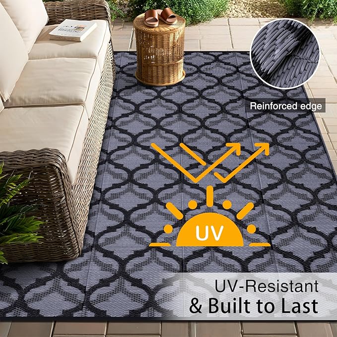 OLANLY Reversible Outdoor Rug 6x9 ft Clearance, Waterproof Outdoor Plastic Straw Rug with Interlacing Pattern, RV Mat for Patio, Camping, Balcony, Deck, Backyard, Black & Grey