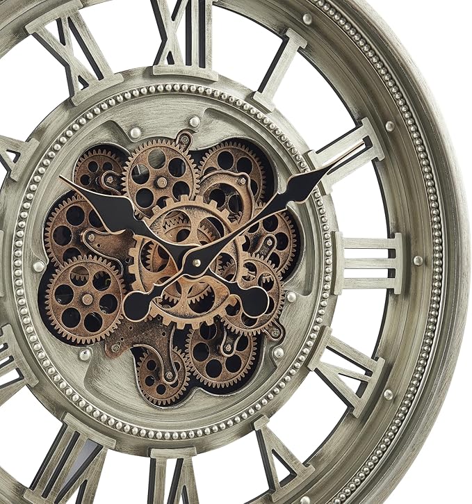 CLXEAST 24 Inch Wall Clock with Moving Gears, Oversized Large Roman Numeral Wall Clocks for Living Room Decor,Antique Champagne Finish,House Warming Gifts New Home