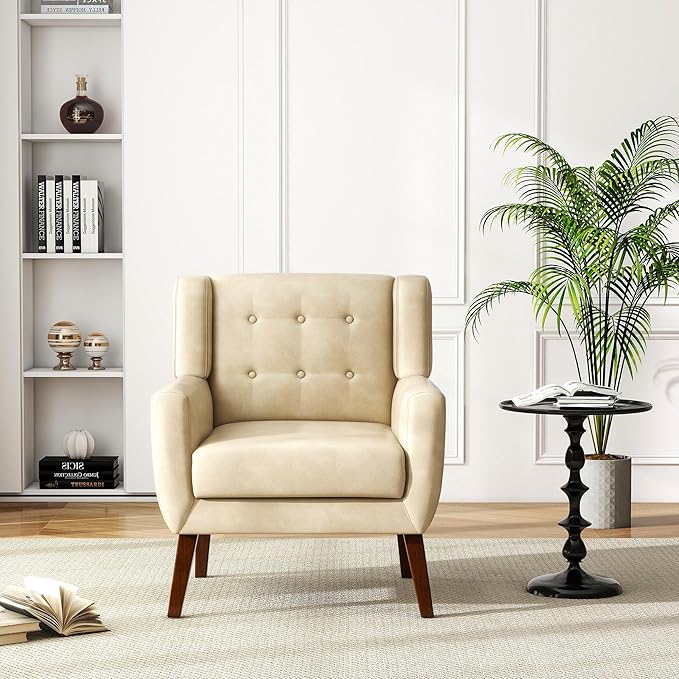 UIXE PU Leather Accent Chairs Set of 2, Modern Arm Club Chair Upholstered Armchair for Living Room, Comfy Single Sofa Seats Button Tufted Reading Seating, Cream