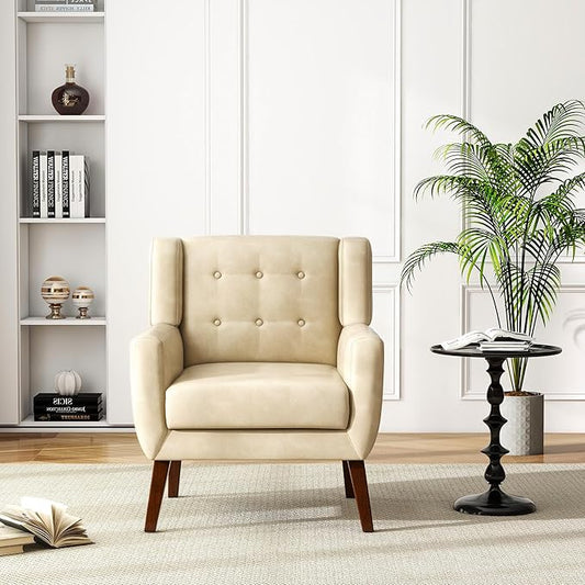 UIXE Faux Leather Accent Chair, Modern Arm Club Chair Upholstered Armchair for Living Room, Comfy Single Sofa Seats Button Tufted Reading Seating, Cream