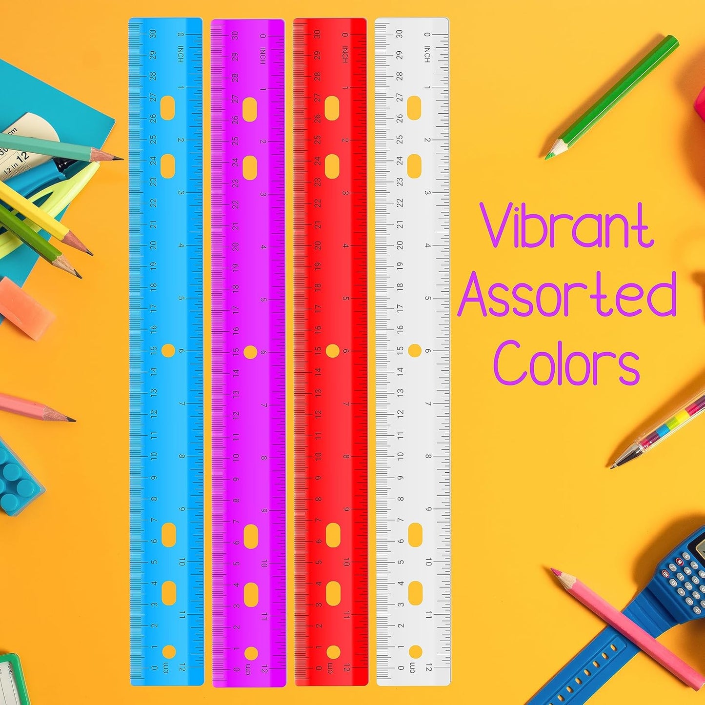 Rulers Bulk for Classroom (144 Bulk Pack) Plastic Ruler 12 Inch, Ruler with Centimeters and Inches, Rulers Bulk for Classroom, Bulk School Supplies Wholesale, Assorted Colors, (144 Pack Bulk)