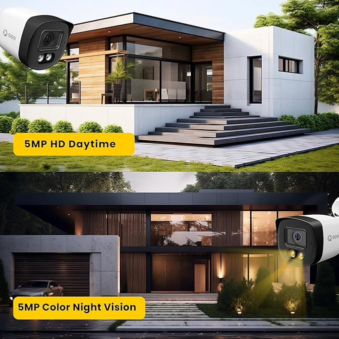 QSEE 8CH 5MP Home Security Camera System, 4pcs Wired 5MP Cameras H.265 IP67 Waterproof with Human Vehicle Detection, DVR for 24-7 Recording, Color Night Vision, Remote Access, QH08045YC