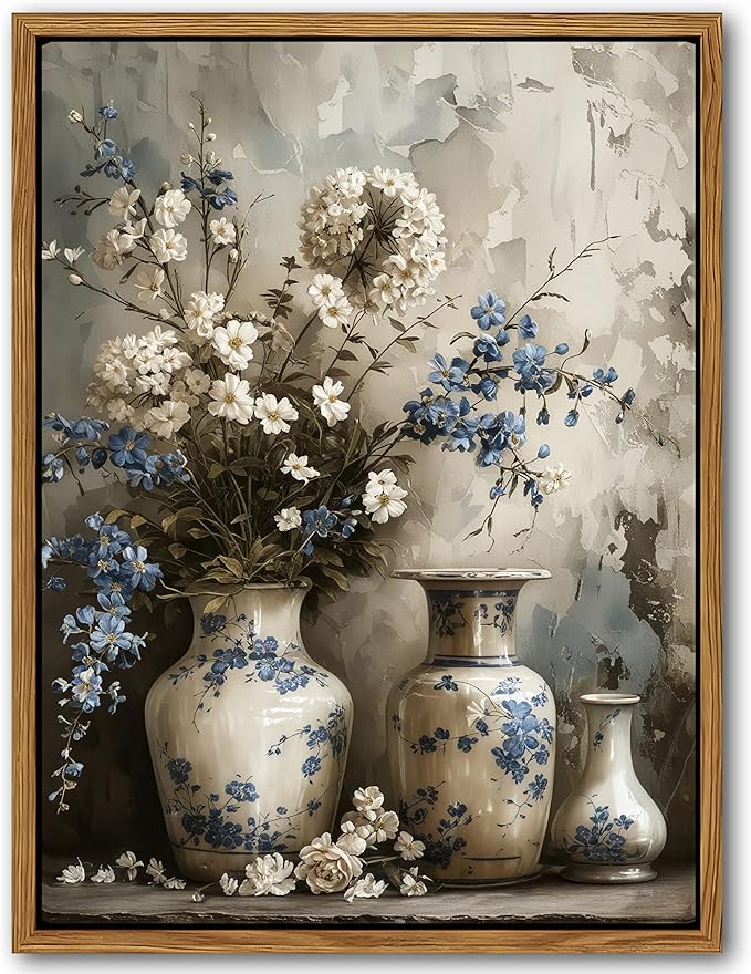 Floating Framed Farmhouse Floral Canvas Wall Art, Vintage Blue and White Flower Pictures Wall Decor, Elegant Art Jar Posters Print for Living Room Bedroom Bathroom Rustic Decor 16x24 inch