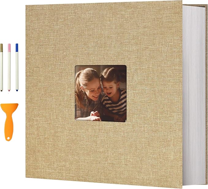 Vienrose Photo Album Self Adhesive 13x12.6 for 600 Photos Linen Scrapbook 120 Pages Khaki