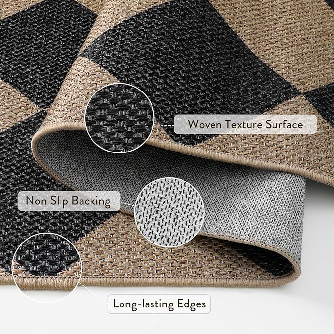 Lahome Checkered Easy Jute Outdoor Rug, 5x7 Area Rugs for Living Room Nature Large Dining Room Carpet, Farmhouse Outdoor Patio Non Slip Diamond Carpet for Home Office Bedroom Backyard Deck