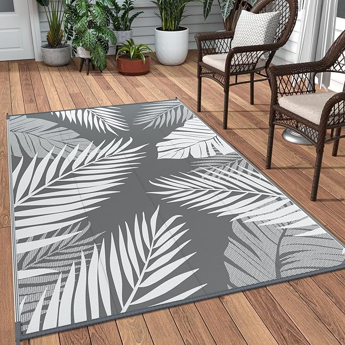 GENIMO Outdoor Rug 3' x 5' Waterproof for Patios Clearance, Reversible Outdoor Plastic Straw Camping Rug Carpet, Large Area Rugs Mats for RV, Camper, Deck, Balcony, Porch, Beach, Picnic, Grey&White
