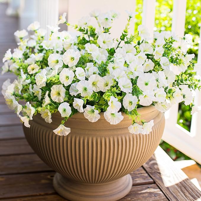 Artificial Flowers for Outdoors Fake Plants Outside Decoration, 12 Bundles Silk White Morning Glory UV Resistant Look Real Faux Flowers for Planter Front Door Porch Patio Yard Gardens Balcony