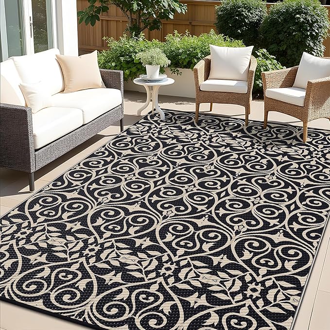 OLANLY Outdoor Rug Waterproof 8x10 ft Clearance, Reversible Outdoor Plastic Straw Rug with Floral Pattern, RV Mat for Patio, Camping, Balcony, Deck, Backyard, Black & Beige