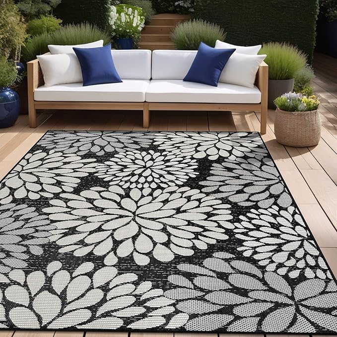 Beverly Rug Outdoor Rug 8x10 Modern Exotic Tropical Leaf Area Rugs for Indoor and Outdoor Patio Deck Porch Garden Water Resistant Washable Outside Carpet (8 x 10 Dark Gray)