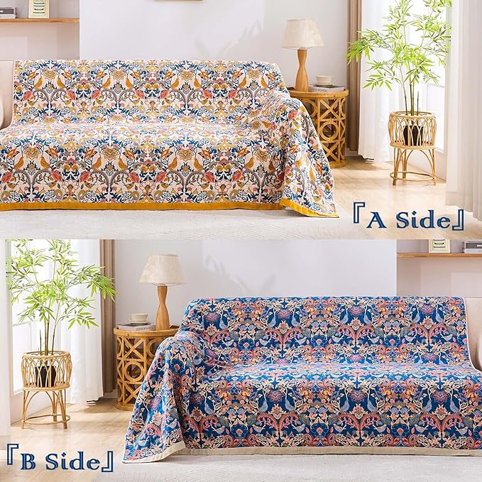 Boho Blanket Throw Quilt, 100% Cotton Soft Light Weight Throw Blankets for Summer, 60"x80" Farmhouse Flower Decorative Blankets, All Season Rustic Reversible Bohemian Throw Quilt
