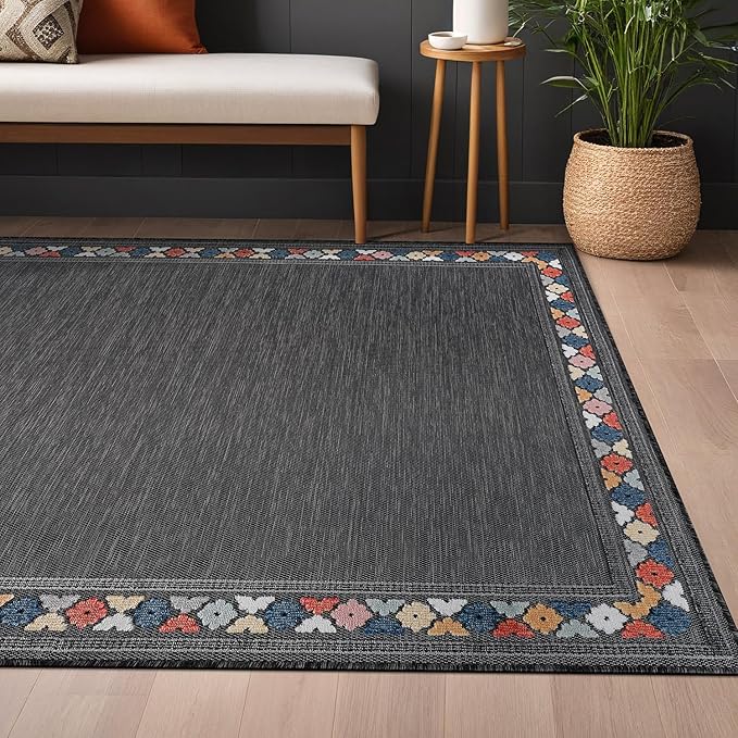 Beverly Rug Outdoor Rug 5x7 Modern Bordered Area Rugs for Indoor and Outdoor Patio Easy to Clean Non Shedding Living Room Porch Garden Washable Outside Carpet (5 x 7 Dark Gray)