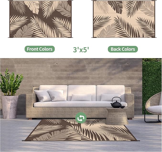 GENIMO Outdoor Rug 3' x 5' Waterproof for Patios Clearance, Reversible Outdoor Plastic Straw Camping Rug Carpet, Large Area Rugs Mats for RV, Camper, Deck, Balcony, Porch, Beach, Coffee&Beige